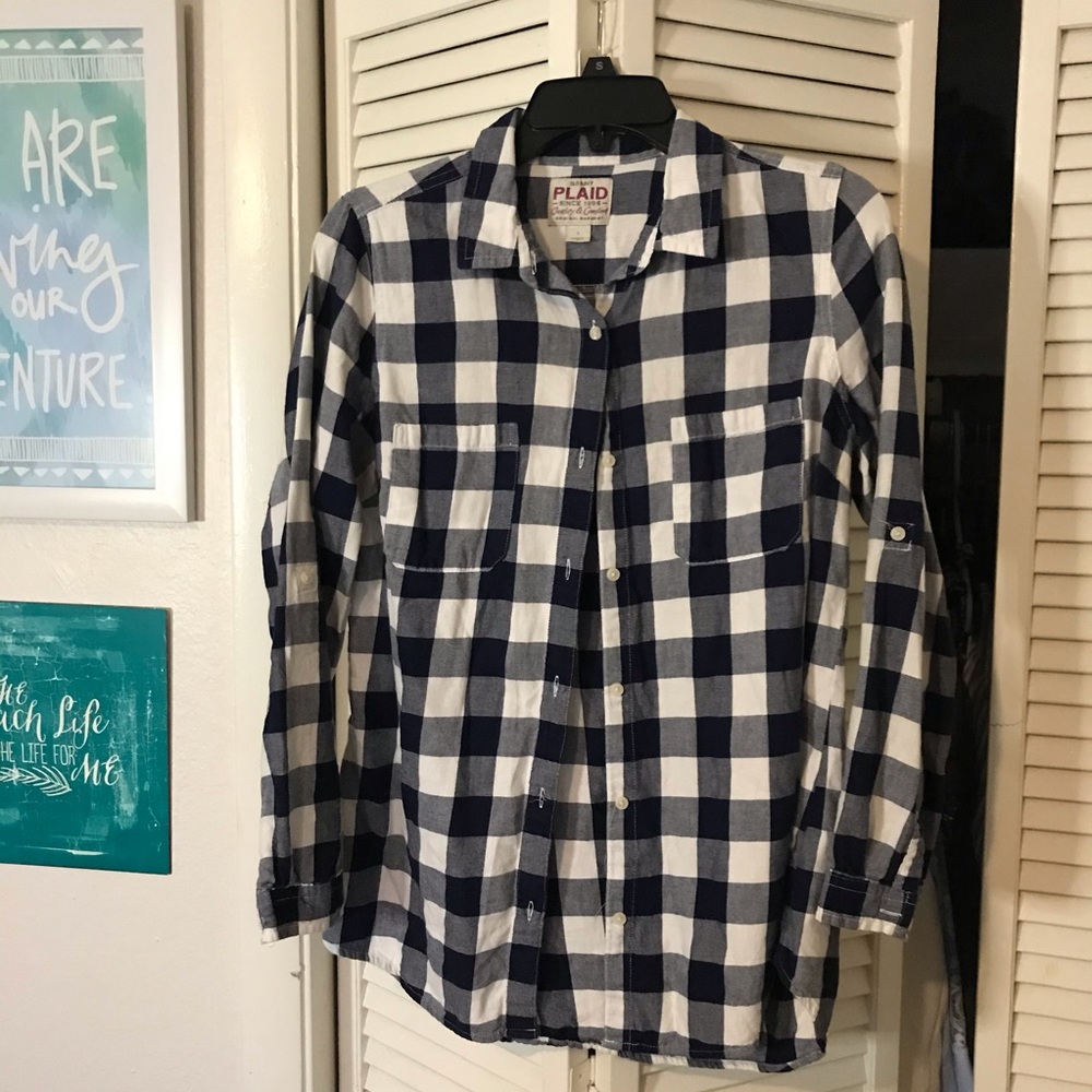 Navy and White Plaid Flannel Shirt